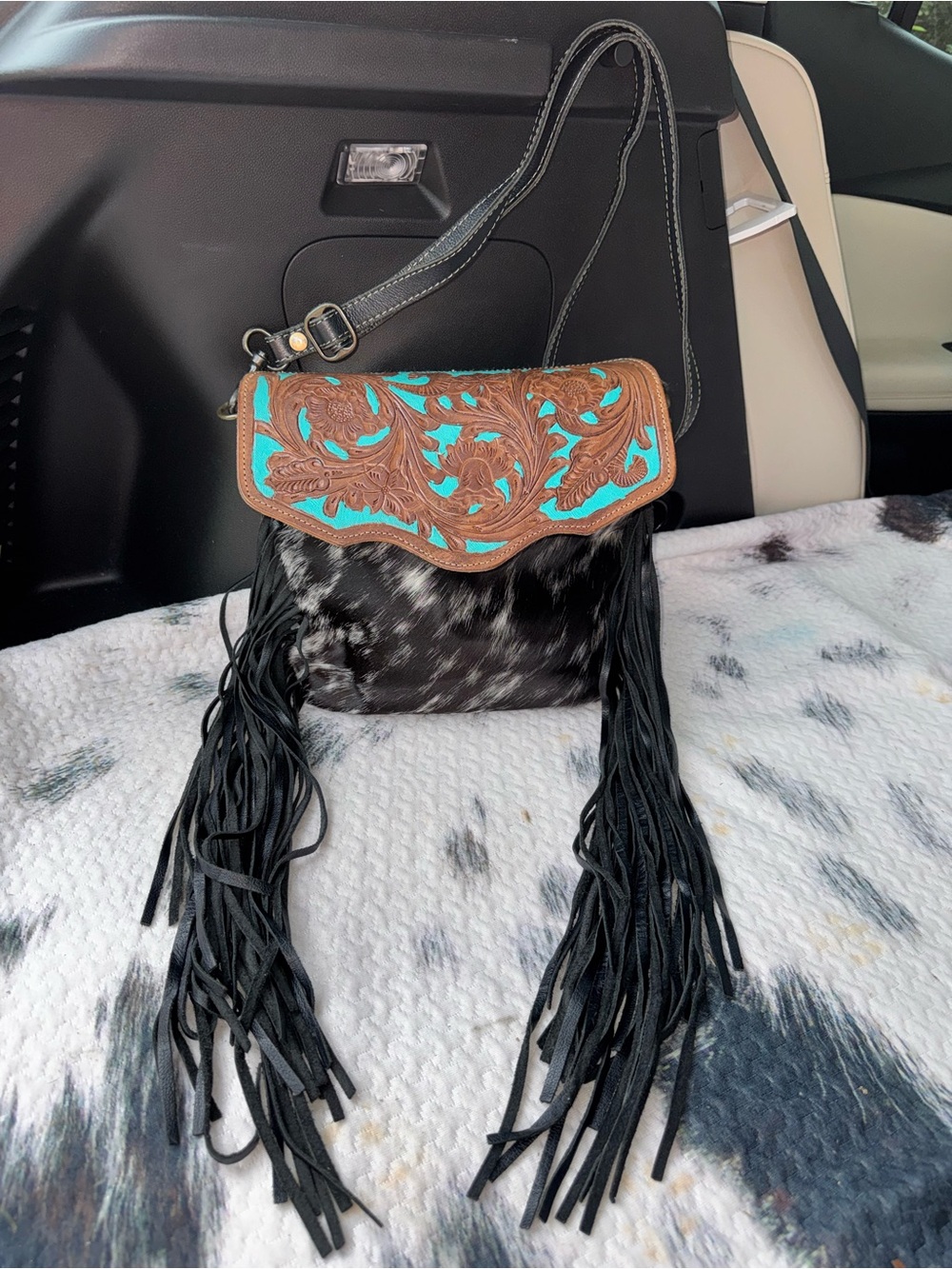 Myra Turquoise Tooled Leather Flap Fringe Crossbody Bag cowhide HAIRON 12”x8.5